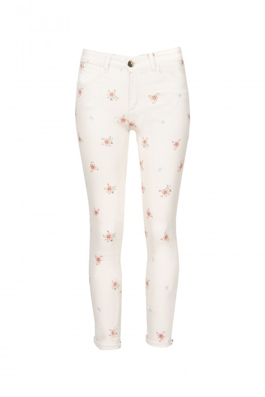 Twill pants with flower pattern