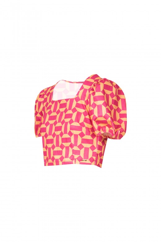 Patterned cropped top puffed sleeves