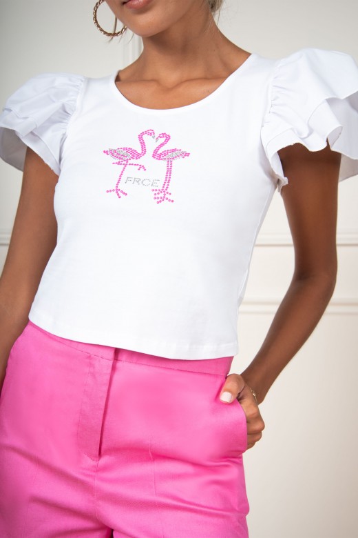 Cropped flamingo t-shirt ruffle sleeves