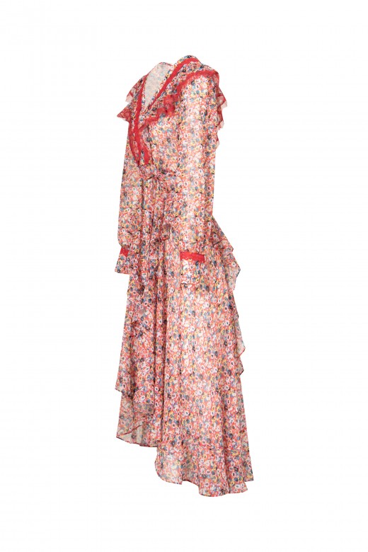 Vestido floral assimétrico com tule e renda