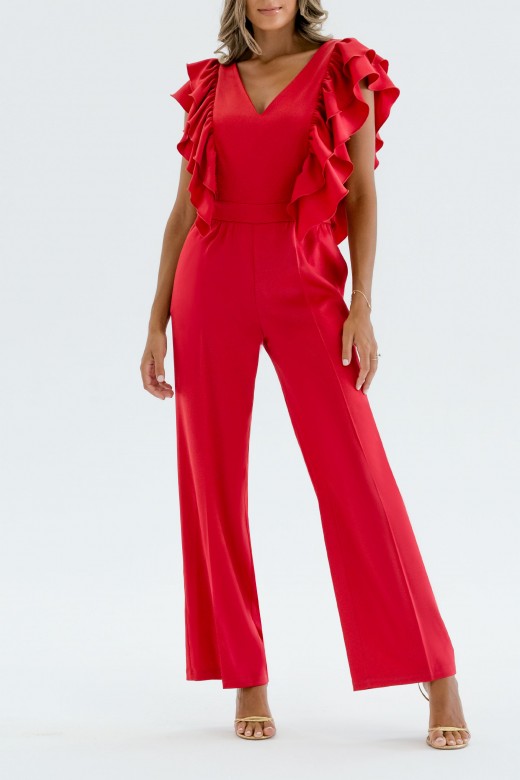 Wide leg long jumpsuit with double ruffle
