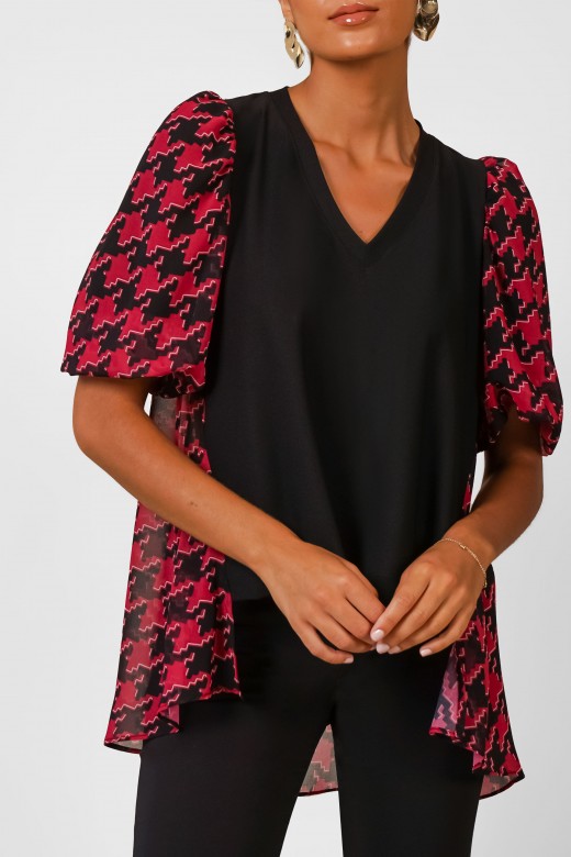 Asymmetrical combined tunic with puffed sleeves