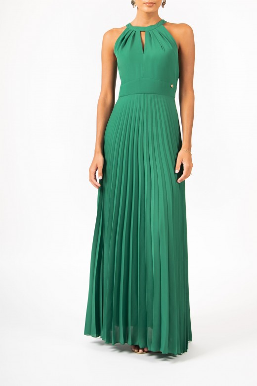 Long pleated dress with halter neckline