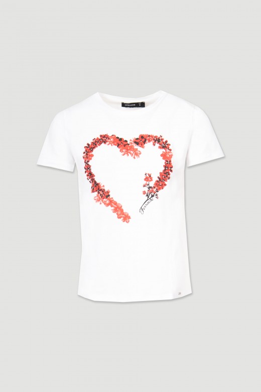Camiseta de algodón con estampado floral y pedrería