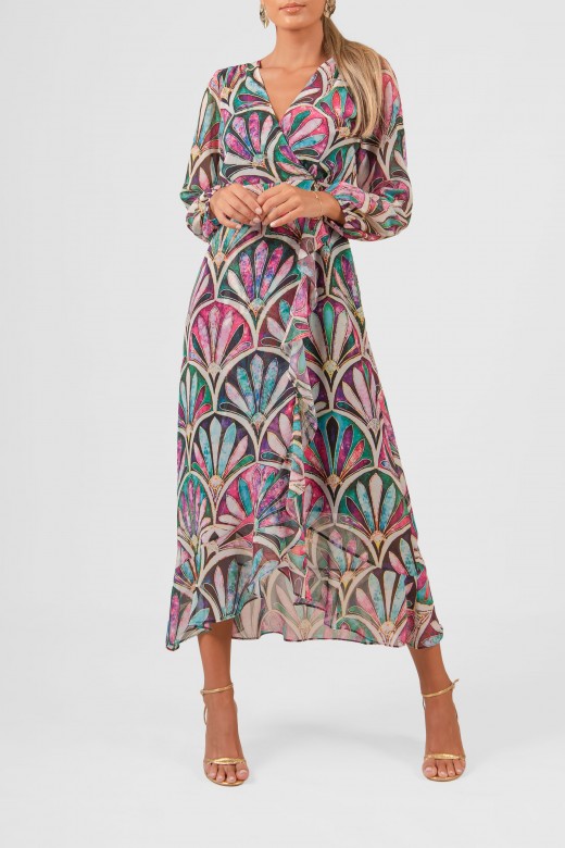 Patterned midi dress with sheer sleeves