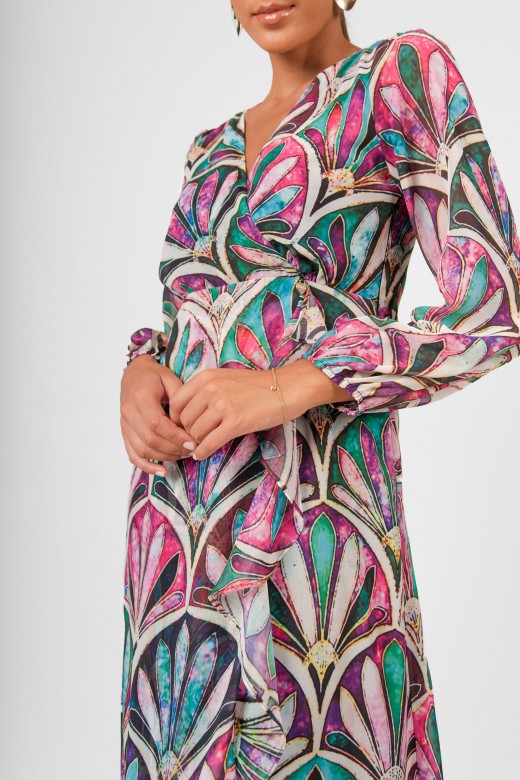 Patterned midi dress with sheer sleeves