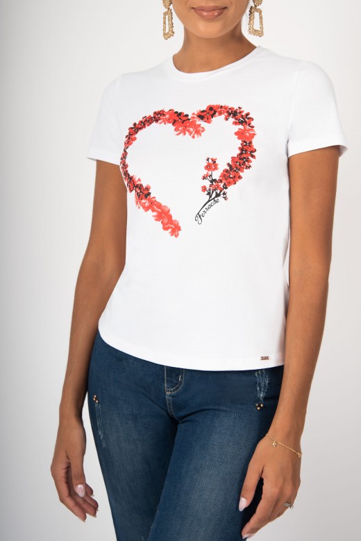 Camiseta de algodón con estampado floral y pedrería
