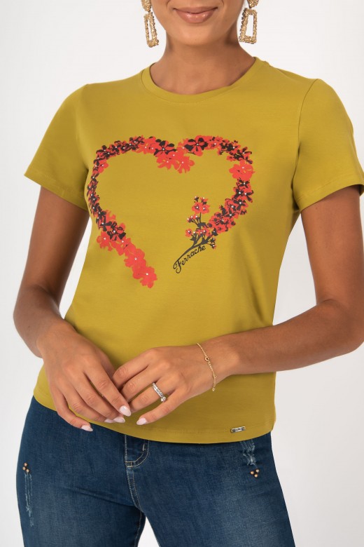 Cotton floral print t-shirt with rhinestones