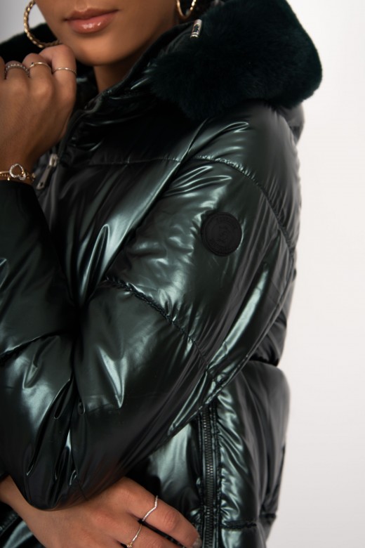 Padded metallic jacket with fur hood