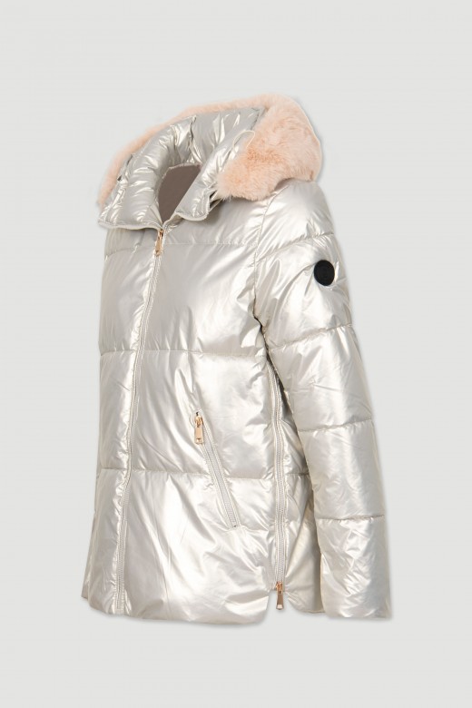 Padded metallic jacket with fur hood
