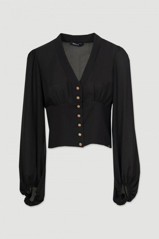 Cropped blouse with pleats and puff sleeves