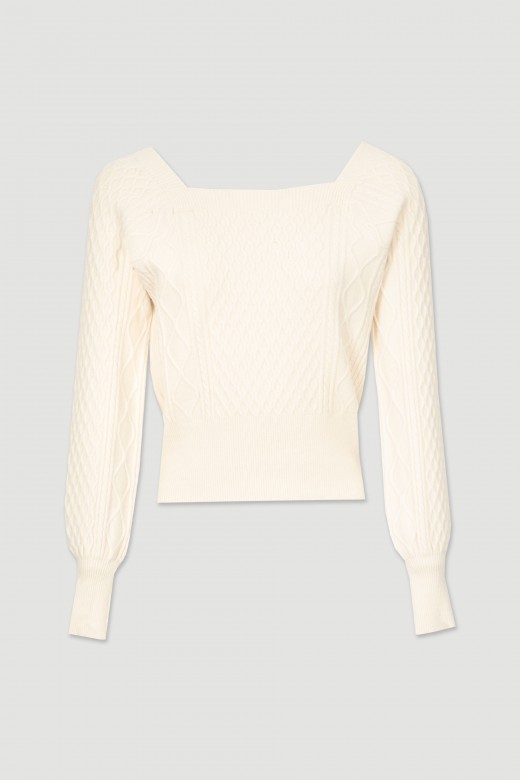 Short knit sweater with square neckline with reliefs Short knit sweater with square neckline with reliefs
