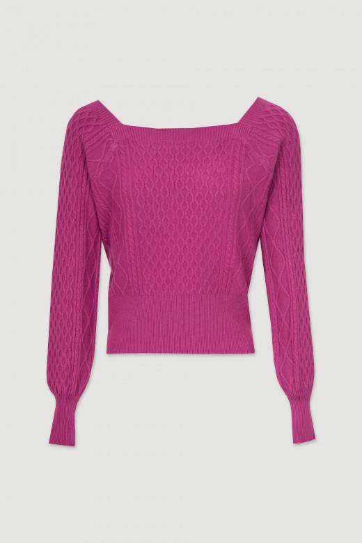 Short knit sweater with square neckline with reliefs Short knit sweater with square neckline with reliefs