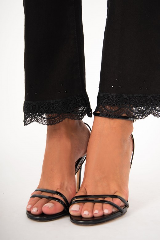 Flare twill pants with rhinestones and lace