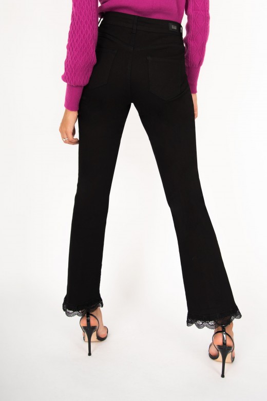 Flare twill pants with rhinestones and lace