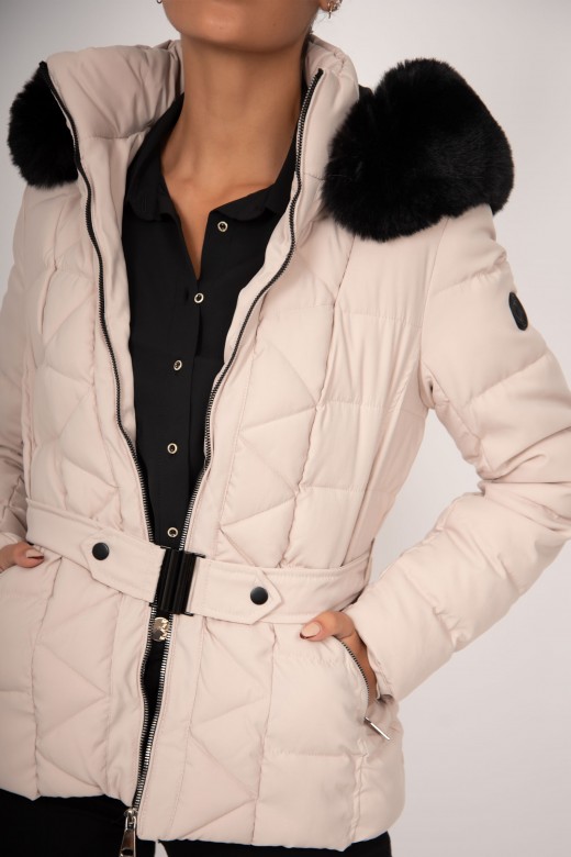 Padded parka with belt and hood with fur
