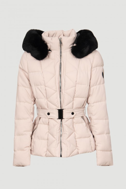 Padded parka with belt and hood with fur