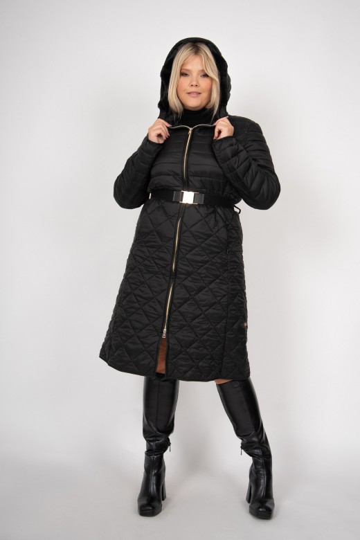 Long padded parka with belt and hood with short fur