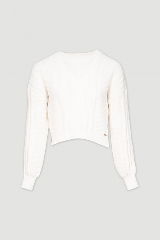 Cropped knit sweater with reliefs