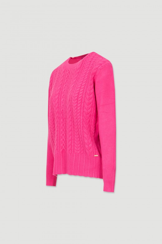 Knit sweater with braided reliefs