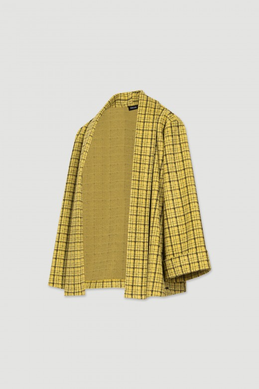 Yellow velvety knit open jacket plaid pattern