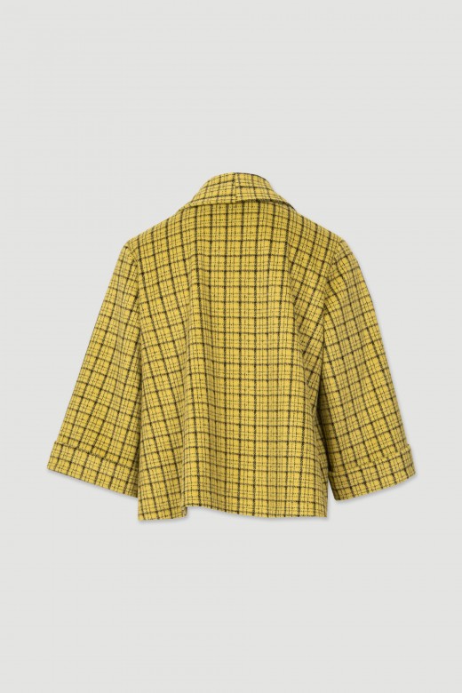 Yellow velvety knit open jacket plaid pattern