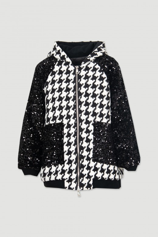 Houndstooth and sequin jacket with bear
