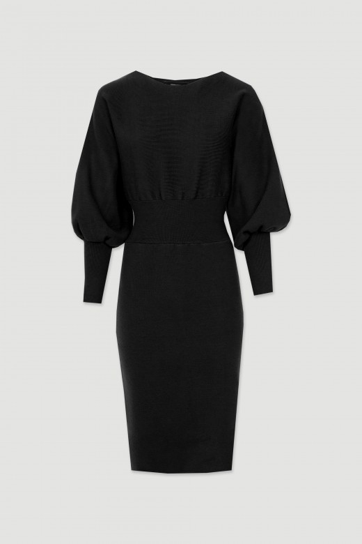 Ribbed knit dress with puff sleeves