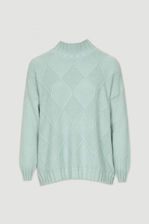 Knitted sweater with diamond reliefs