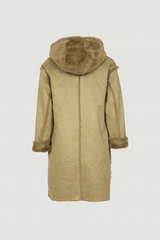 Reversible suede and fur coat