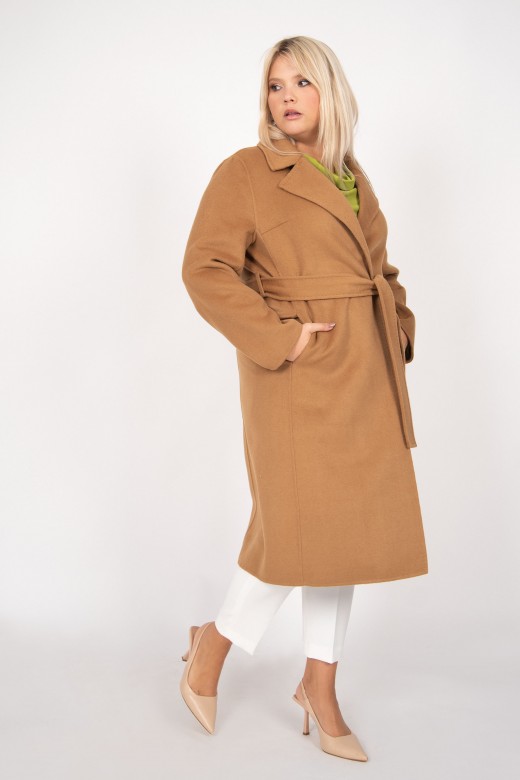Coat with wool blend fabric and a belt
