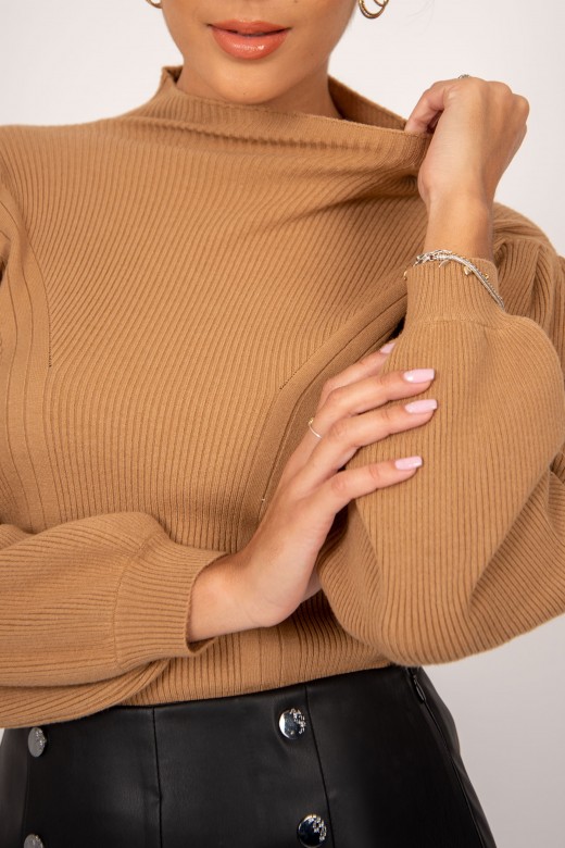 Rib knit sweater puffed sleeves