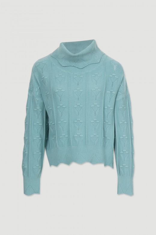 High collar knit sweater relief and perforations
