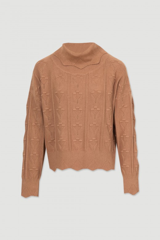 High collar knit sweater relief and perforations