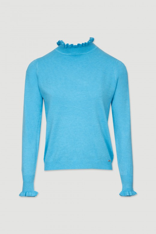 Knit sweater with ruffled neckline