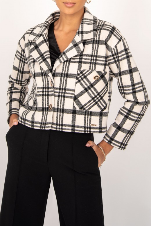 Cropped velvet knit jacket with pockets plaid pattern