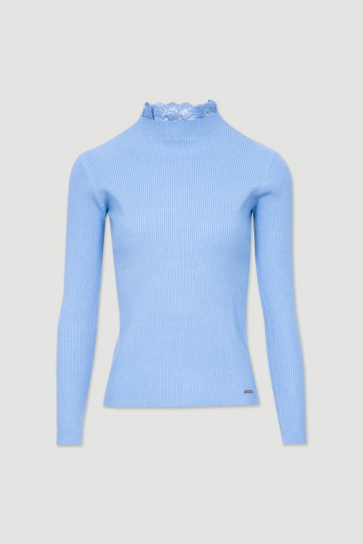 Ribbed knit sweater collar with lace