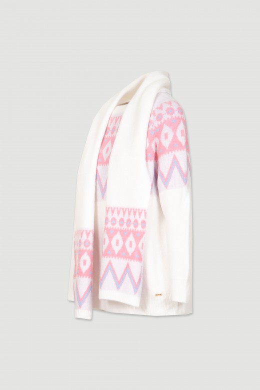 Camisola de malha padrão geométrico com cachecol