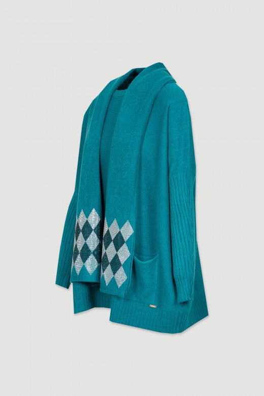 Oversize knit tunic scarf with bicolor rhinestone pattern