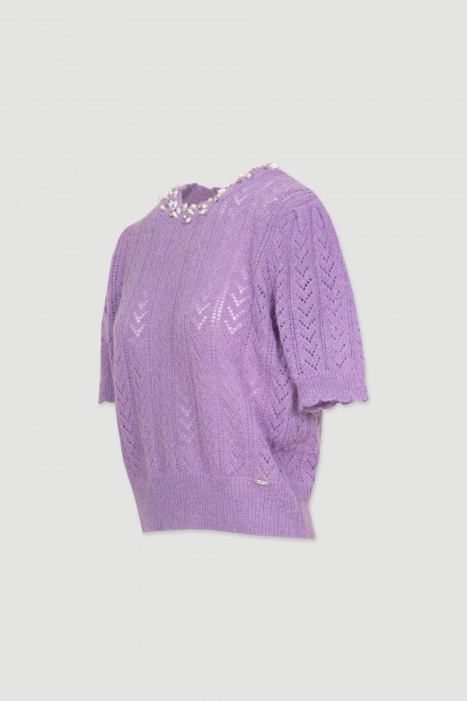 Wool knit sweater perforations with rhinestones and pearls