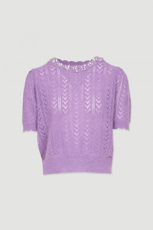 Wool knit sweater perforations with rhinestones and pearls