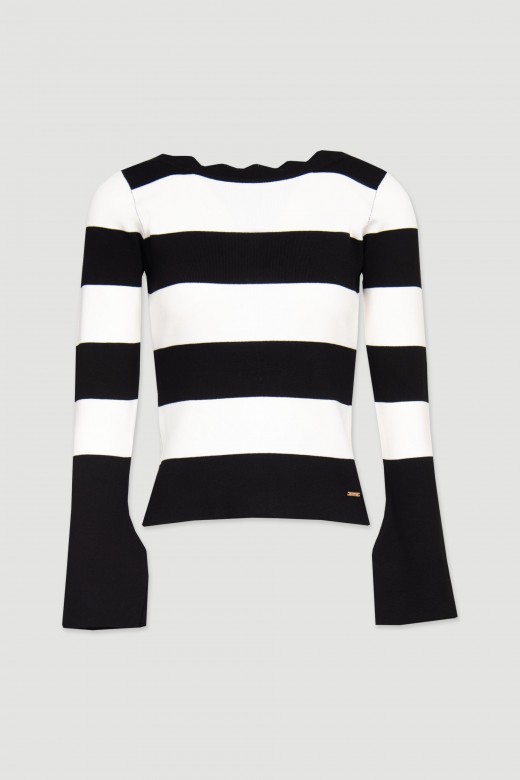 Striped knit sweater with boat neckline