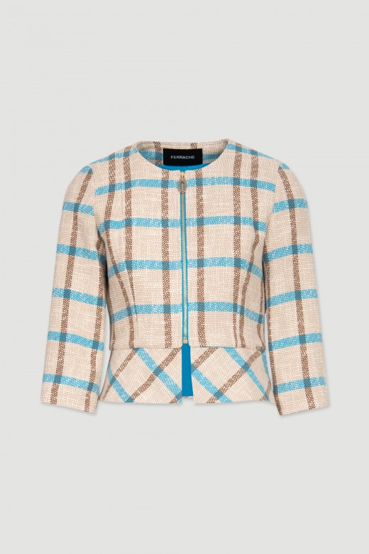 Square pattern asymmetrical cropped jacket