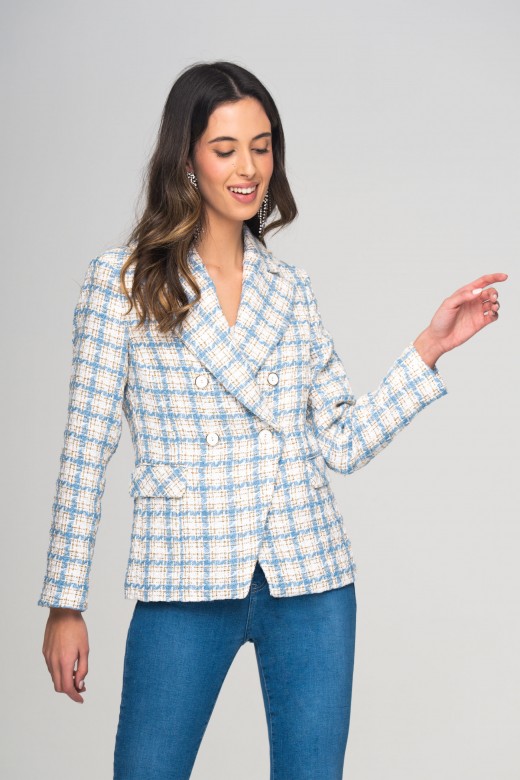 Checkered double breasted tweed blazer
