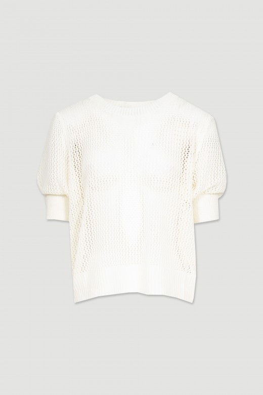 Knit sweater perforations puff sleeves
