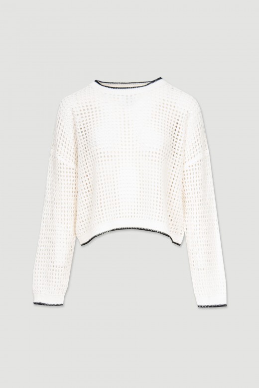 Knit sweater perforations with contrast stripe