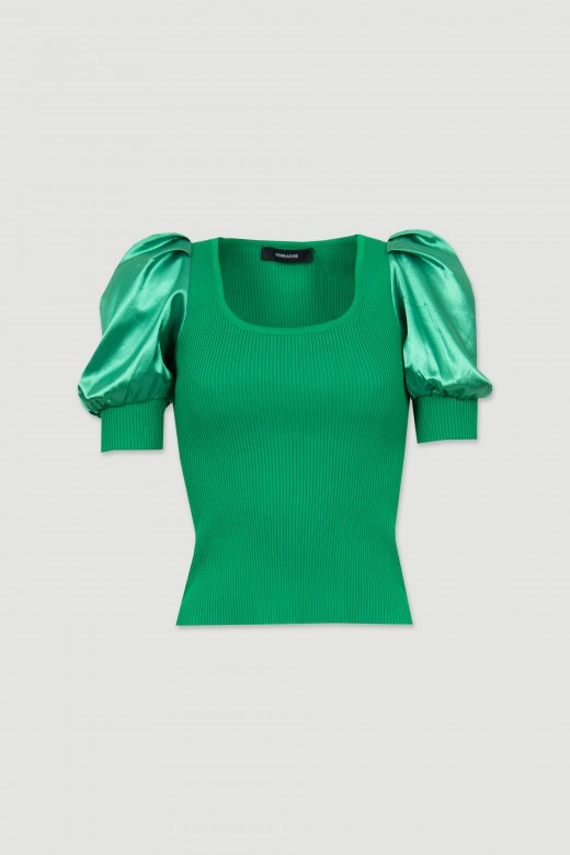 Camisola de malha mangas abalonadas acetinadas