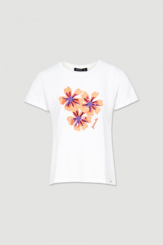 T-shirt flores bordado e lantejoulas
