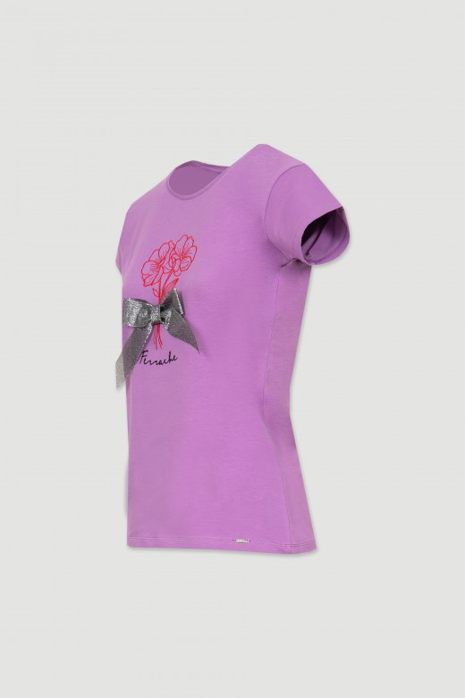 Tee-shirt avec fleurs brodées et noeud