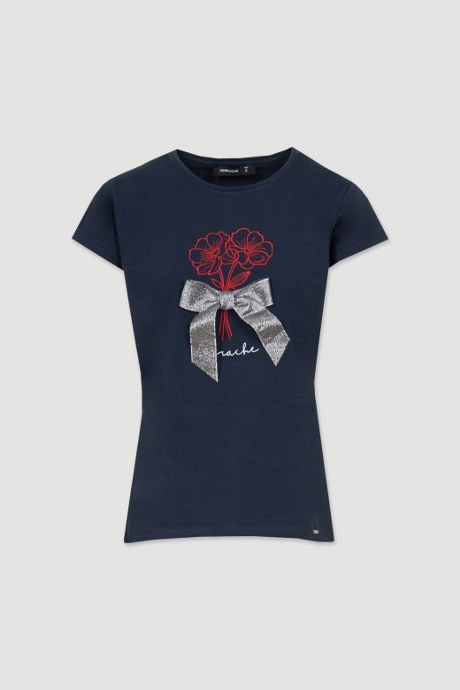 T-shirt bordado com flores e laço